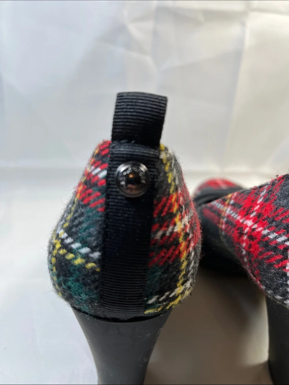 Anne Klein Red Plaid Pump with Black Elastic Cross Straps